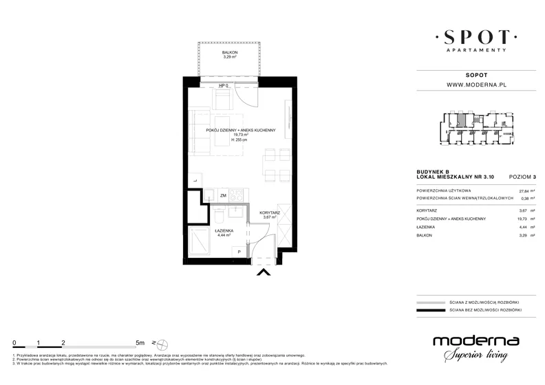 1 pokój, mieszkanie 27,84 m², piętro 3, oferta nr B.3.10, SPOT, Sopot, Świemirowo, ul. Aleja Niepodległości 635/637