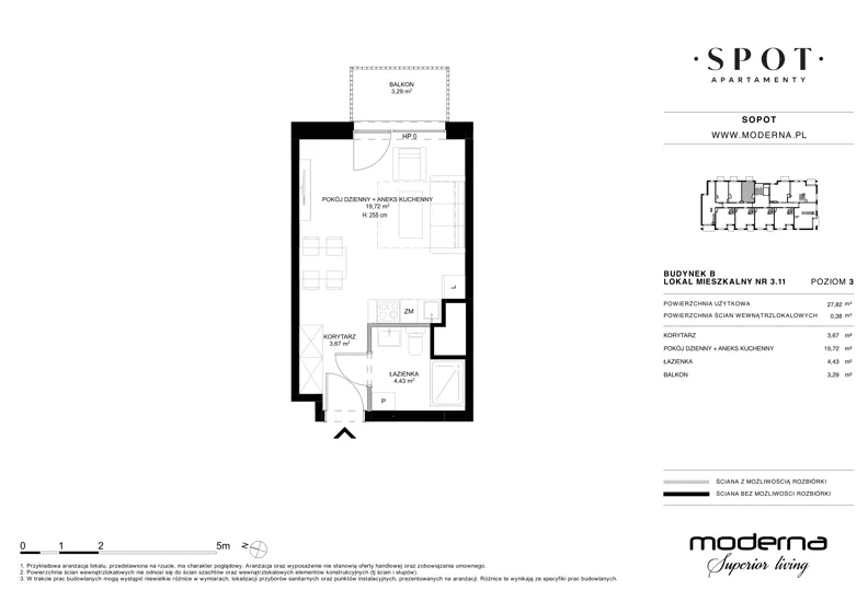 1 pokój, mieszkanie 27,82 m², piętro 3, oferta nr B.3.11, SPOT, Sopot, Świemirowo, ul. Aleja Niepodległości 635/637