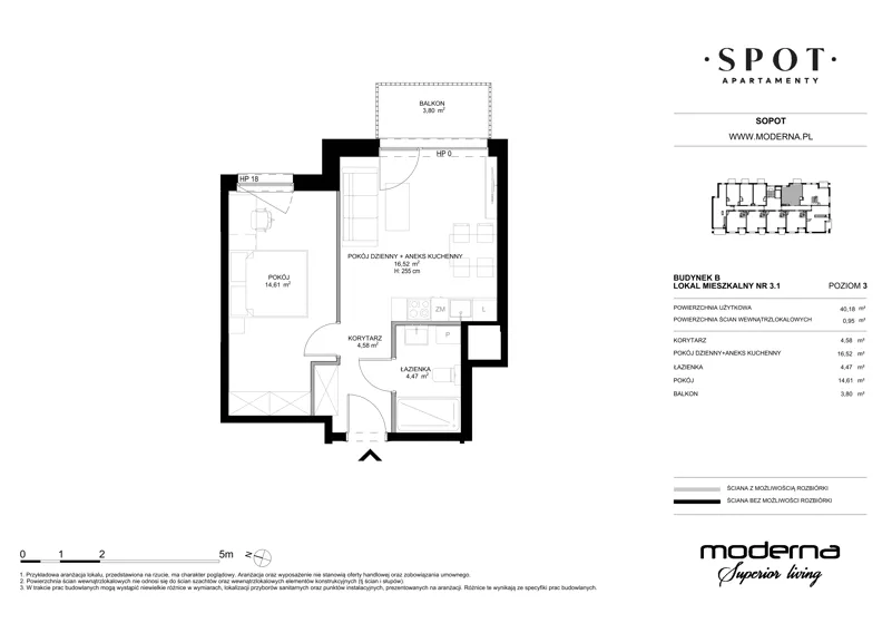 1 pokój, mieszkanie 40,18 m², piętro 3, oferta nr B.3.1, SPOT, Sopot, Świemirowo, ul. Aleja Niepodległości 635/637