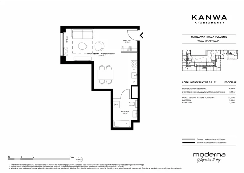 1 pokój, mieszkanie 36,14 m², piętro 1, oferta nr C.01.02, KANWA Apartamenty, Warszawa, Praga Południe, ul. Zamoyskiego 24