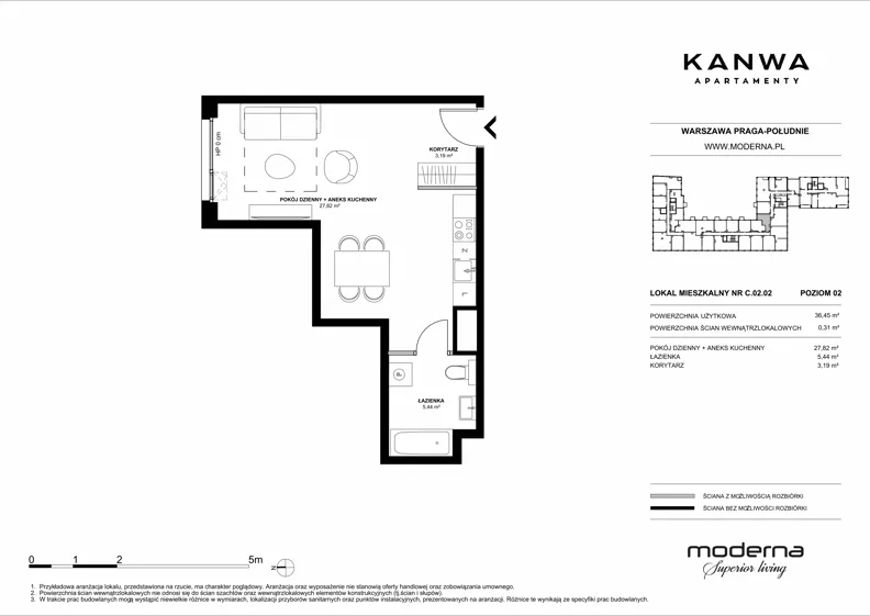 1 pokój, mieszkanie 36,45 m², piętro 2, oferta nr C.02.02, KANWA Apartamenty, Warszawa, Praga Południe, ul. Zamoyskiego 24