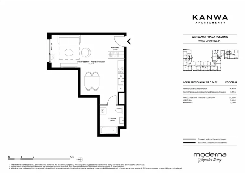 1 pokój, mieszkanie 36,45 m², piętro 4, oferta nr C.04.02, KANWA Apartamenty, Warszawa, Praga Południe, ul. Zamoyskiego 24