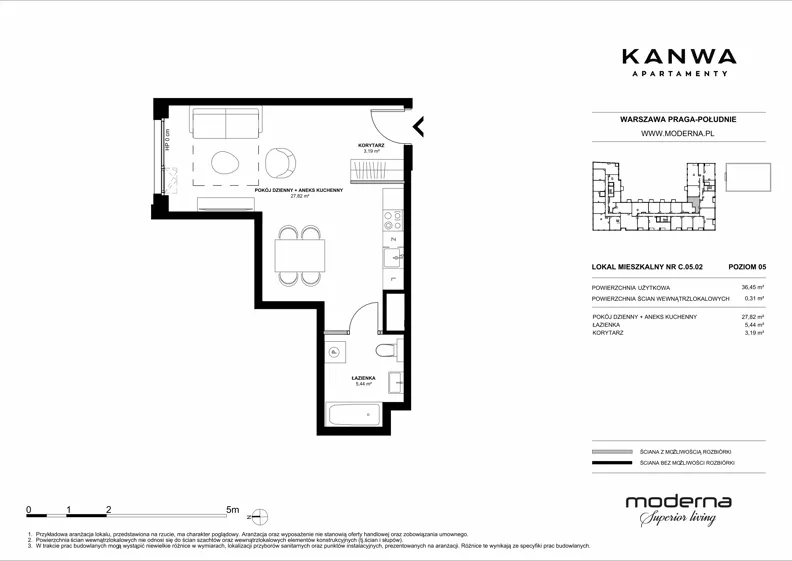 1 pokój, mieszkanie 36,45 m², piętro 5, oferta nr C.05.02, KANWA Apartamenty, Warszawa, Praga Południe, ul. Zamoyskiego 24