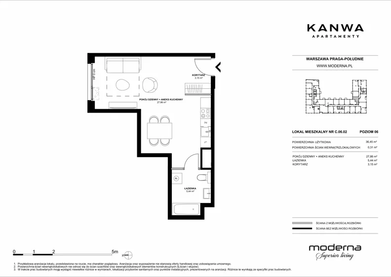 1 pokój, mieszkanie 36,45 m², piętro 6, oferta nr C.06.02, KANWA Apartamenty, Warszawa, Praga Południe, ul. Zamoyskiego 24