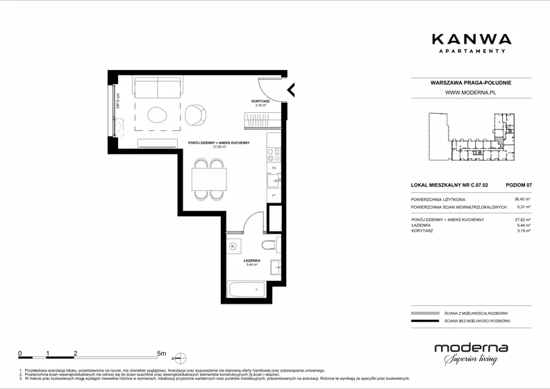 1 pokój, mieszkanie 36,45 m², piętro 7, oferta nr C.07.02, KANWA Apartamenty, Warszawa, Praga Południe, ul. Zamoyskiego 24