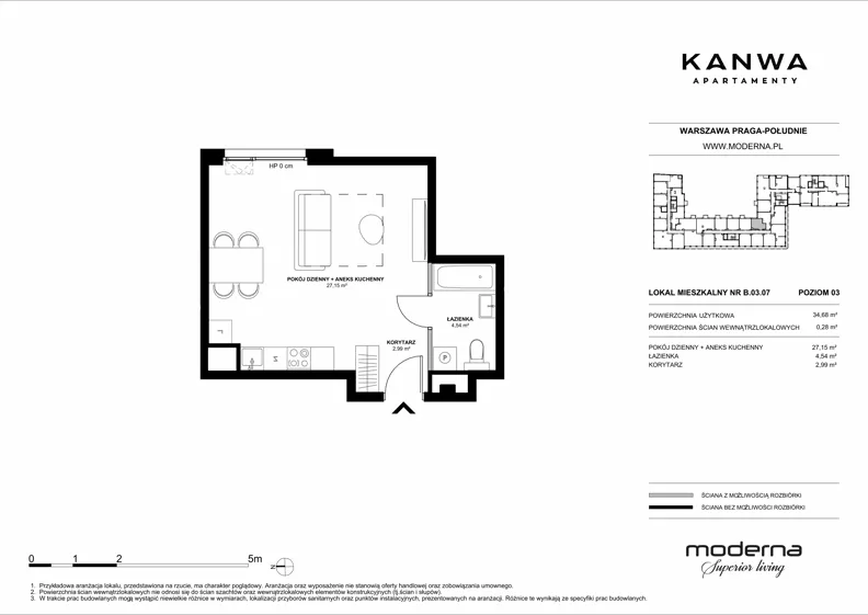 1 pokój, mieszkanie 34,68 m², piętro 3, oferta nr B.03.07, KANWA Apartamenty, Warszawa, Praga Południe, ul. Zamoyskiego 24