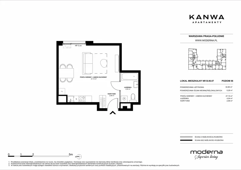 1 pokój, mieszkanie 34,68 m², piętro 6, oferta nr B.06.07, KANWA Apartamenty, Warszawa, Praga Południe, ul. Zamoyskiego 24