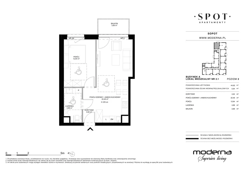 2 pokoje, mieszkanie 44,63 m², piętro 2, oferta nr A.2.1, SPOT, Sopot, Świemirowo, ul. Aleja Niepodległości 635/637