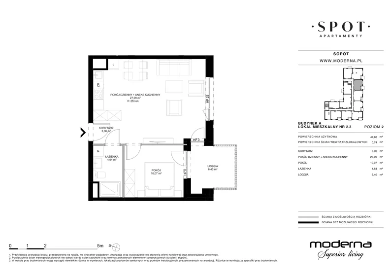 2 pokoje, mieszkanie 44,86 m², piętro 2, oferta nr A.2.3, SPOT, Sopot, Świemirowo, ul. Aleja Niepodległości 635/637