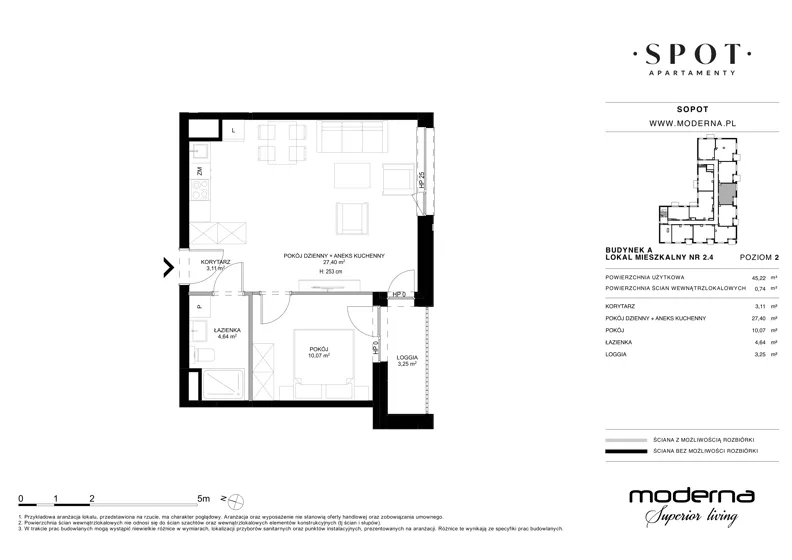 2 pokoje, mieszkanie 45,22 m², piętro 2, oferta nr A.2.4, SPOT, Sopot, Świemirowo, ul. Aleja Niepodległości 635/637