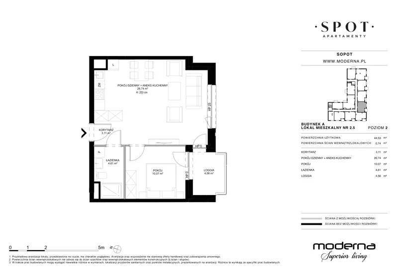 2 pokoje, mieszkanie 44,53 m², piętro 2, oferta nr A.2.5, SPOT, Sopot, Świemirowo, ul. Aleja Niepodległości 635/637