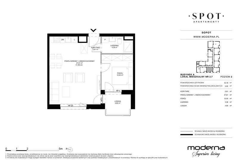 2 pokoje, mieszkanie 44,78 m², piętro 2, oferta nr A.2.7, SPOT, Sopot, Świemirowo, ul. Aleja Niepodległości 635/637