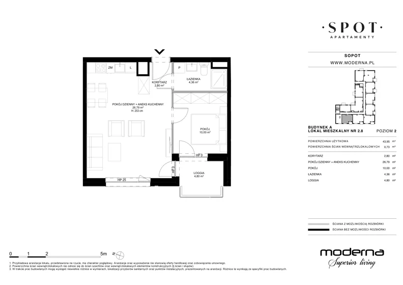2 pokoje, mieszkanie 43,95 m², piętro 2, oferta nr A.2.8, SPOT, Sopot, Świemirowo, ul. Aleja Niepodległości 635/637