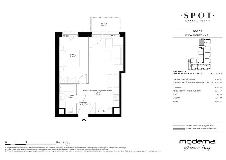 2 pokoje, mieszkanie 44,64 m², piętro 3, oferta nr A.3.1, SPOT, Sopot, Świemirowo, ul. Aleja Niepodległości 635/637
