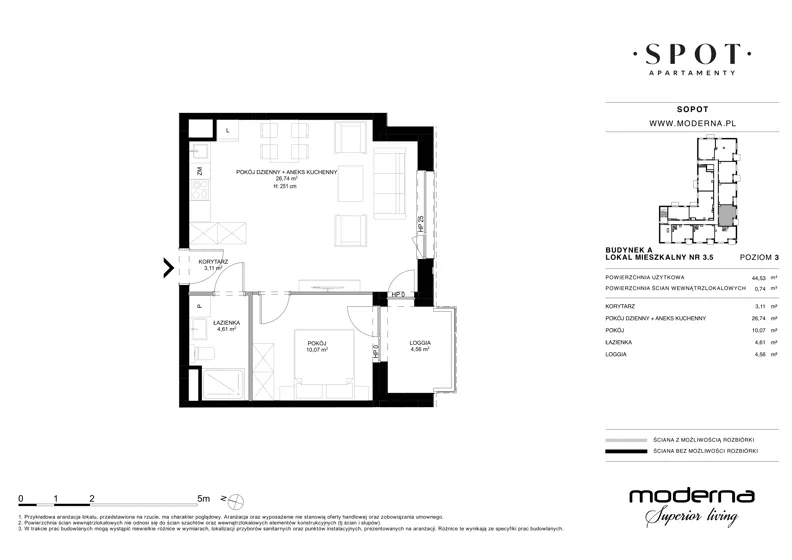 2 pokoje, mieszkanie 44,53 m², piętro 3, oferta nr A.3.5, SPOT, Sopot, Świemirowo, ul. Aleja Niepodległości 635/637