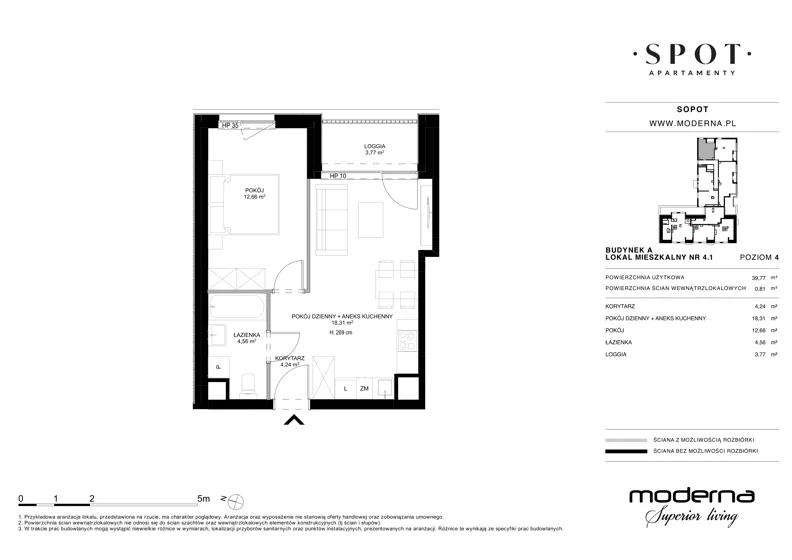 2 pokoje, mieszkanie 39,77 m², piętro 4, oferta nr A.4.1, SPOT, Sopot, Świemirowo, ul. Aleja Niepodległości 635/637