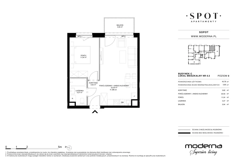 2 pokoje, mieszkanie 40,78 m², parter, oferta nr C.0.3, SPOT, Sopot, Świemirowo, ul. Aleja Niepodległości 635/637