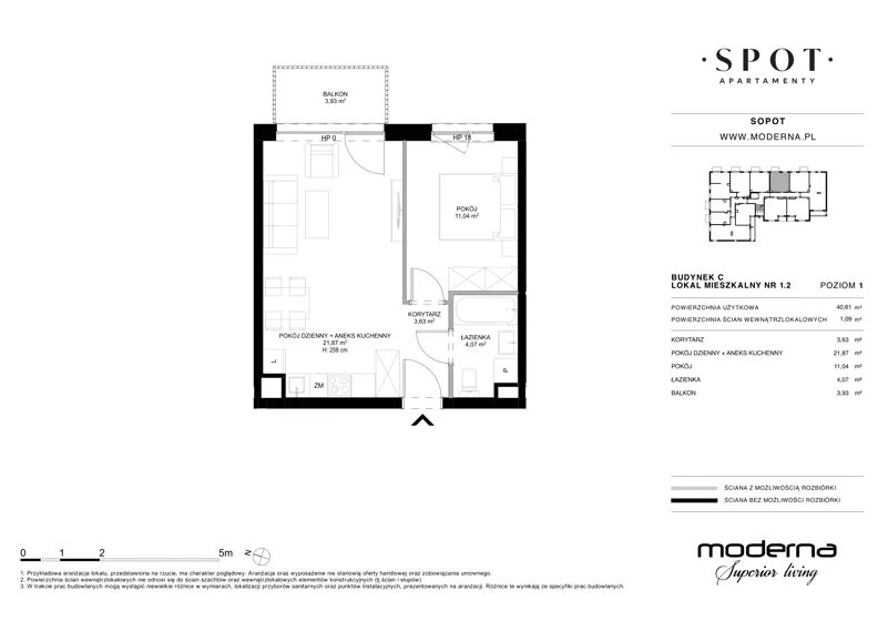 2 pokoje, mieszkanie 40,79 m², piętro 1, oferta nr C.1.2, SPOT, Sopot, Świemirowo, ul. Aleja Niepodległości 635/637