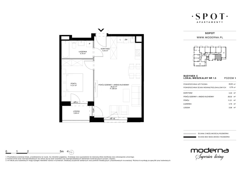 2 pokoje, mieszkanie 49,05 m², piętro 1, oferta nr C.1.5, SPOT, Sopot, Świemirowo, ul. Aleja Niepodległości 635/637
