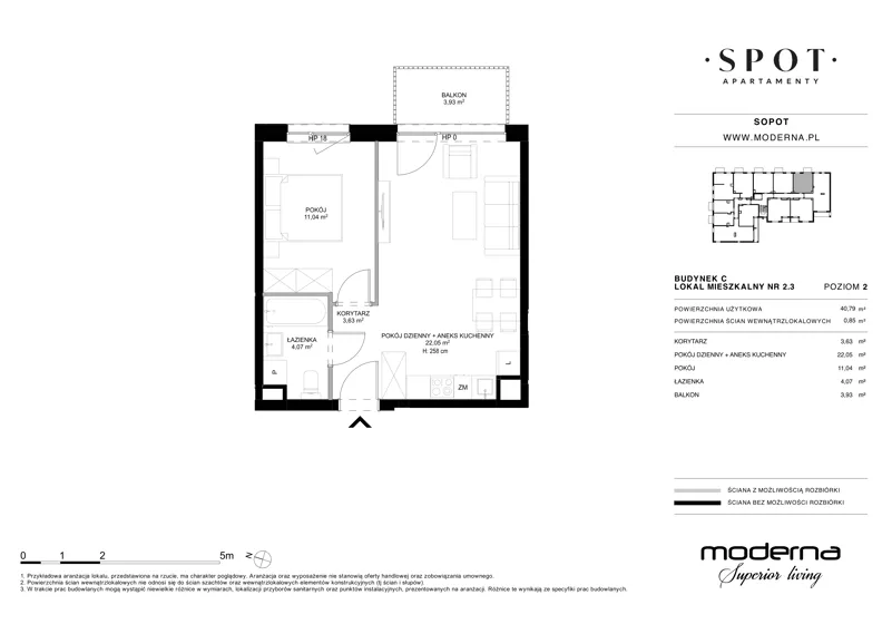 2 pokoje, mieszkanie 40,79 m², piętro 2, oferta nr C.2.3, SPOT, Sopot, Świemirowo, ul. Aleja Niepodległości 635/637