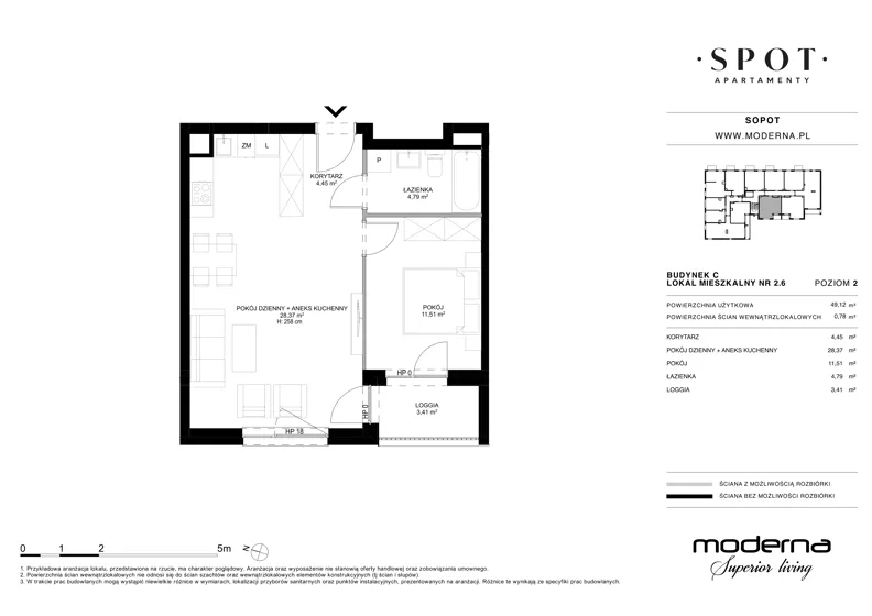 2 pokoje, mieszkanie 49,12 m², piętro 2, oferta nr C.2.6, SPOT, Sopot, Świemirowo, ul. Aleja Niepodległości 635/637