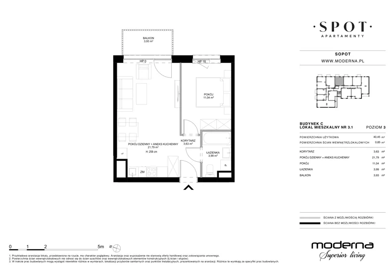 2 pokoje, mieszkanie 40,45 m², piętro 3, oferta nr C.3.1, SPOT, Sopot, Świemirowo, ul. Aleja Niepodległości 635/637