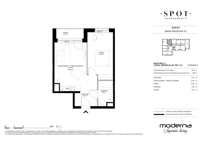 2 pokoje, mieszkanie 43,51 m², piętro 4, oferta nr C.4.12, SPOT, Sopot, Świemirowo, ul. Aleja Niepodległości 635/637