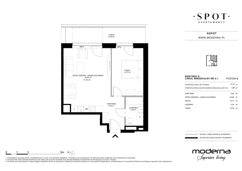2 pokoje, mieszkanie 47,07 m², parter, oferta nr D.0.1, SPOT, Sopot, Świemirowo, ul. Aleja Niepodległości 635/637