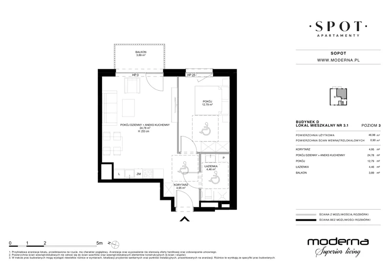 2 pokoje, mieszkanie 47,22 m², piętro 3, oferta nr D.3.1, SPOT, Sopot, Świemirowo, ul. Aleja Niepodległości 635/637