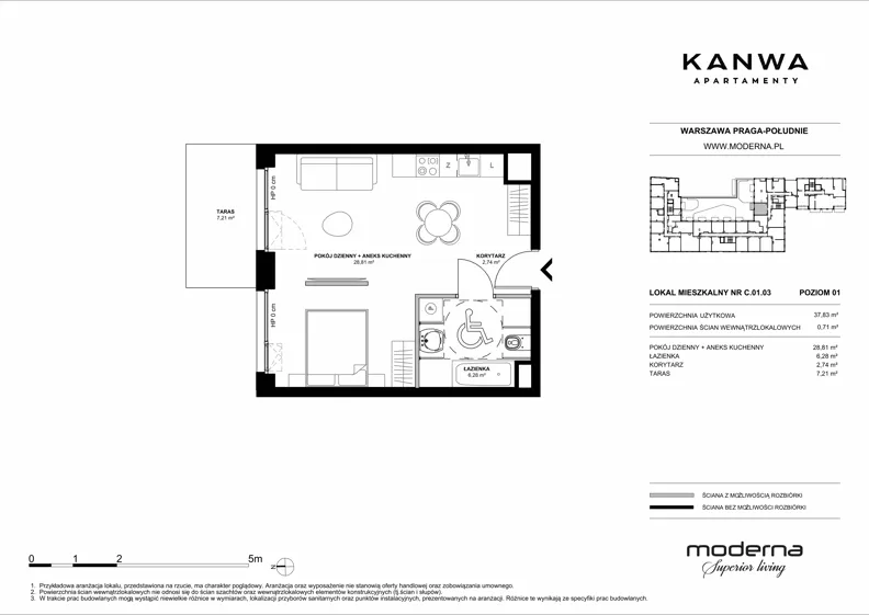 2 pokoje, mieszkanie 37,83 m², piętro 1, oferta nr C.01.03, KANWA Apartamenty, Warszawa, Praga Południe, ul. Zamoyskiego 24