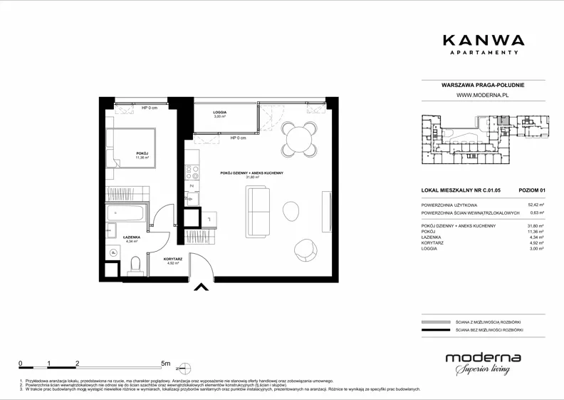 2 pokoje, mieszkanie 52,42 m², piętro 1, oferta nr C.01.05, KANWA Apartamenty, Warszawa, Praga Południe, ul. Zamoyskiego 24