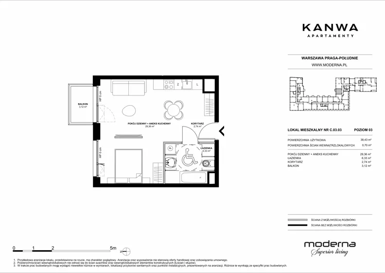 2 pokoje, mieszkanie 38,43 m², piętro 3, oferta nr C.03.03, KANWA Apartamenty, Warszawa, Praga Południe, ul. Zamoyskiego 24