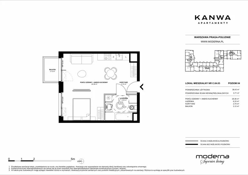 2 pokoje, mieszkanie 38,43 m², piętro 4, oferta nr C.04.03, KANWA Apartamenty, Warszawa, Praga Południe, ul. Zamoyskiego 24