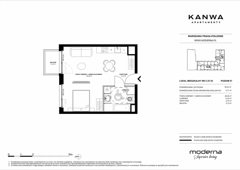 2 pokoje, mieszkanie 38,43 m², piętro 7, oferta nr C.07.03, KANWA Apartamenty, Warszawa, Praga Południe, ul. Zamoyskiego 24
