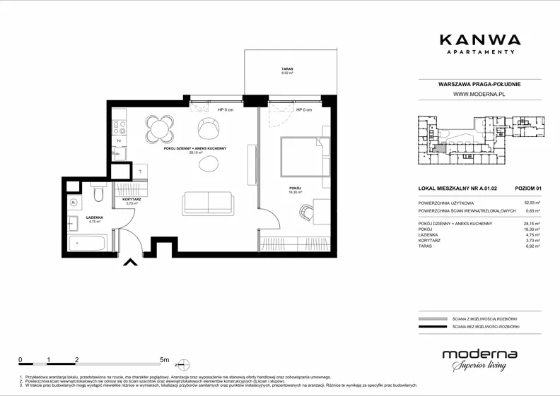 2 pokoje, mieszkanie 52,93 m², piętro 1, oferta nr A.01.02, KANWA Apartamenty, Warszawa, Praga Południe, ul. Zamoyskiego 24
