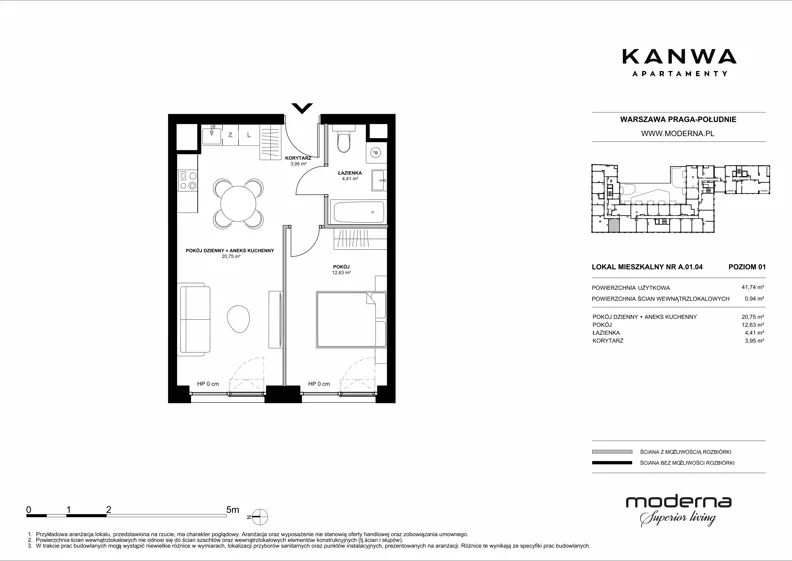 2 pokoje, mieszkanie 41,74 m², piętro 1, oferta nr A.01.04, KANWA Apartamenty, Warszawa, Praga Południe, ul. Zamoyskiego 24