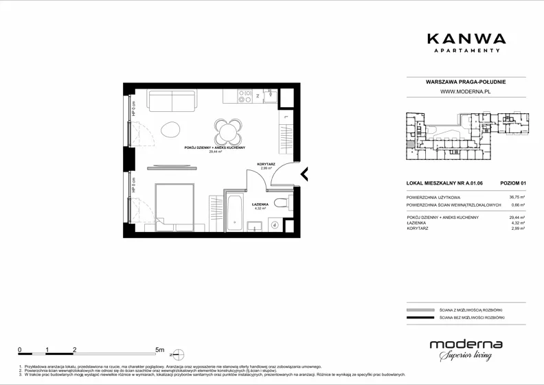 2 pokoje, mieszkanie 36,75 m², piętro 1, oferta nr A.01.06, KANWA Apartamenty, Warszawa, Praga Południe, ul. Zamoyskiego 24