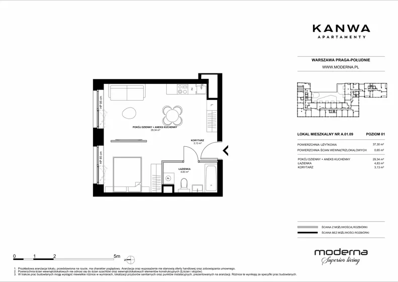 2 pokoje, mieszkanie 37,30 m², piętro 1, oferta nr A.01.09, KANWA Apartamenty, Warszawa, Praga Południe, ul. Zamoyskiego 24
