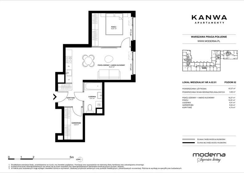 2 pokoje, mieszkanie 43,37 m², piętro 2, oferta nr A.02.01, KANWA Apartamenty, Warszawa, Praga Południe, ul. Zamoyskiego 24