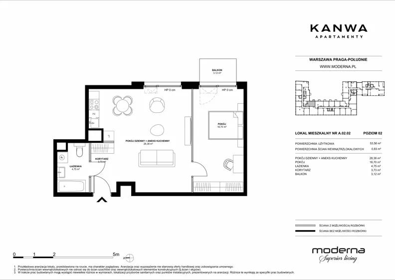 2 pokoje, mieszkanie 53,56 m², piętro 2, oferta nr A.02.02, KANWA Apartamenty, Warszawa, Praga Południe, ul. Zamoyskiego 24
