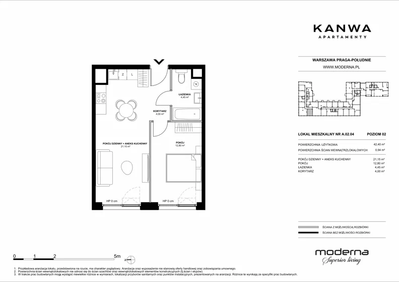 2 pokoje, mieszkanie 42,40 m², piętro 2, oferta nr A.02.04, KANWA Apartamenty, Warszawa, Praga Południe, ul. Zamoyskiego 24