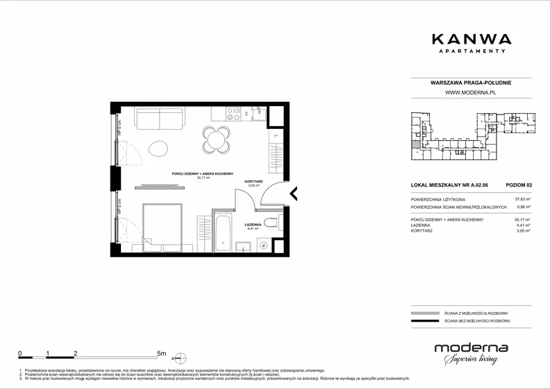 2 pokoje, mieszkanie 37,63 m², piętro 2, oferta nr A.02.06, KANWA Apartamenty, Warszawa, Praga Południe, ul. Zamoyskiego 24