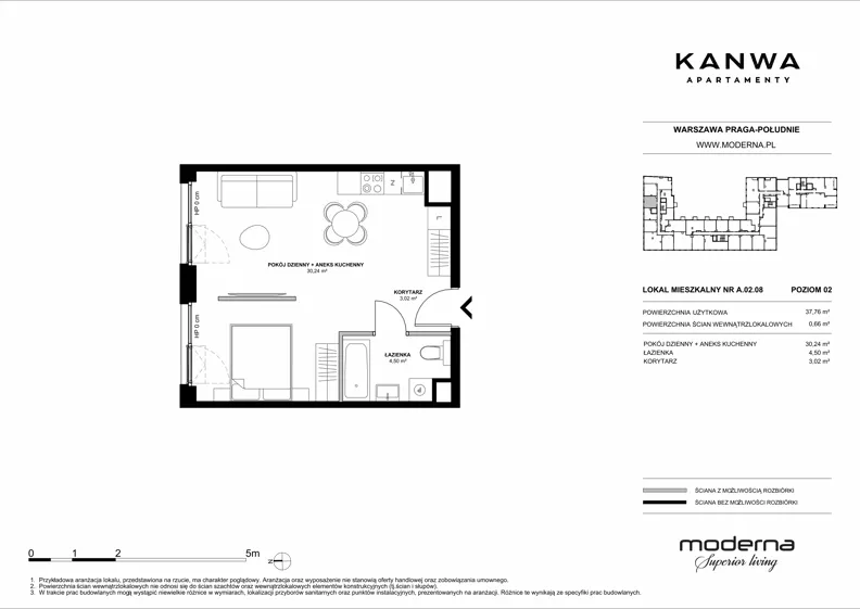 2 pokoje, mieszkanie 37,76 m², piętro 2, oferta nr A.02.08, KANWA Apartamenty, Warszawa, Praga Południe, ul. Zamoyskiego 24