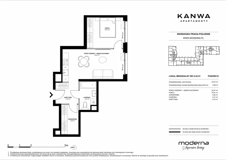 2 pokoje, mieszkanie 43,37 m², piętro 3, oferta nr A.03.01, KANWA Apartamenty, Warszawa, Praga Południe, ul. Zamoyskiego 24