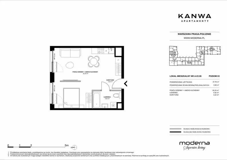 2 pokoje, mieszkanie 37,76 m², piętro 3, oferta nr A.03.08, KANWA Apartamenty, Warszawa, Praga Południe, ul. Zamoyskiego 24