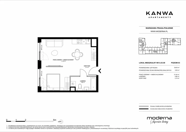 2 pokoje, mieszkanie 39,05 m², piętro 3, oferta nr A.03.09, KANWA Apartamenty, Warszawa, Praga Południe, ul. Zamoyskiego 24