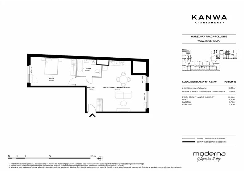 2 pokoje, mieszkanie 63,15 m², piętro 3, oferta nr A.03.10, KANWA Apartamenty, Warszawa, Praga Południe, ul. Zamoyskiego 24