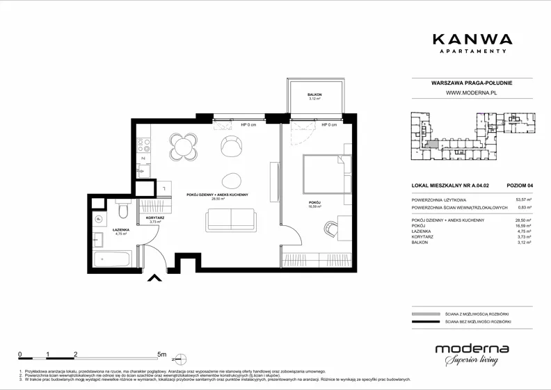 2 pokoje, mieszkanie 53,57 m², piętro 4, oferta nr A.04.02, KANWA Apartamenty, Warszawa, Praga Południe, ul. Zamoyskiego 24
