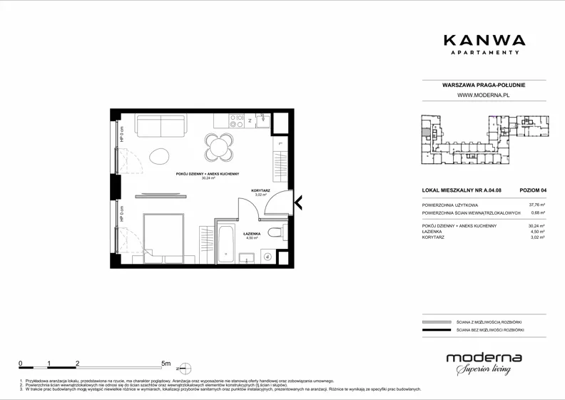 2 pokoje, mieszkanie 37,76 m², piętro 4, oferta nr A.04.08, KANWA Apartamenty, Warszawa, Praga Południe, ul. Zamoyskiego 24
