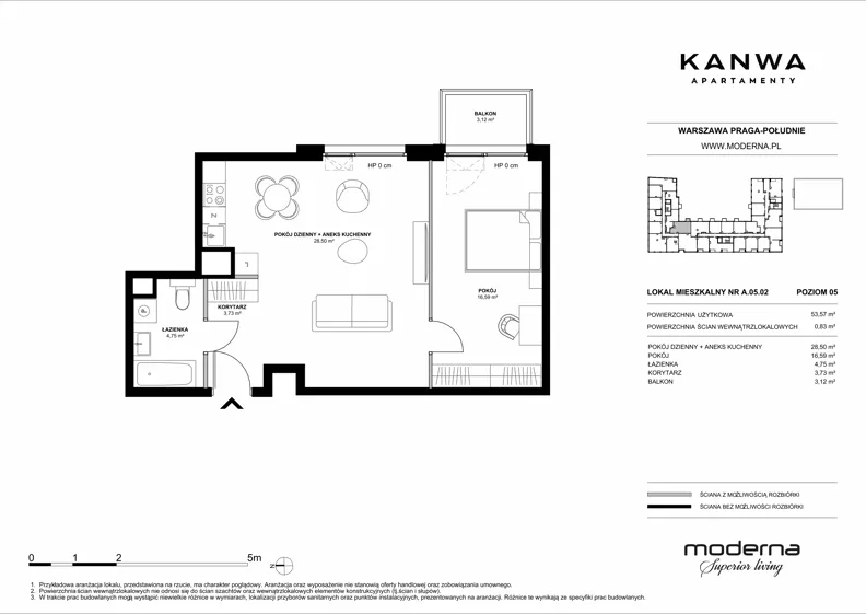 2 pokoje, mieszkanie 53,57 m², piętro 5, oferta nr A.05.02, KANWA Apartamenty, Warszawa, Praga Południe, ul. Zamoyskiego 24